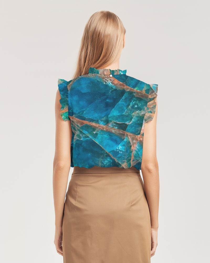 Blue Apatite Print Ruffle Sleeve Top