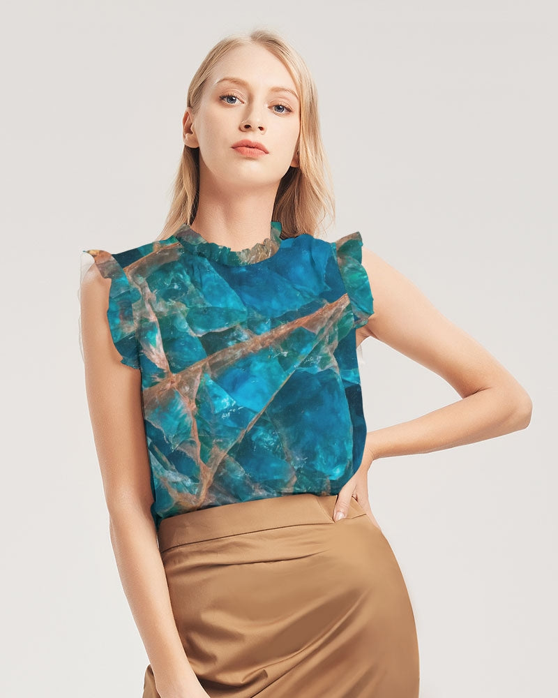 Blue Apatite Print Ruffle Sleeve Top