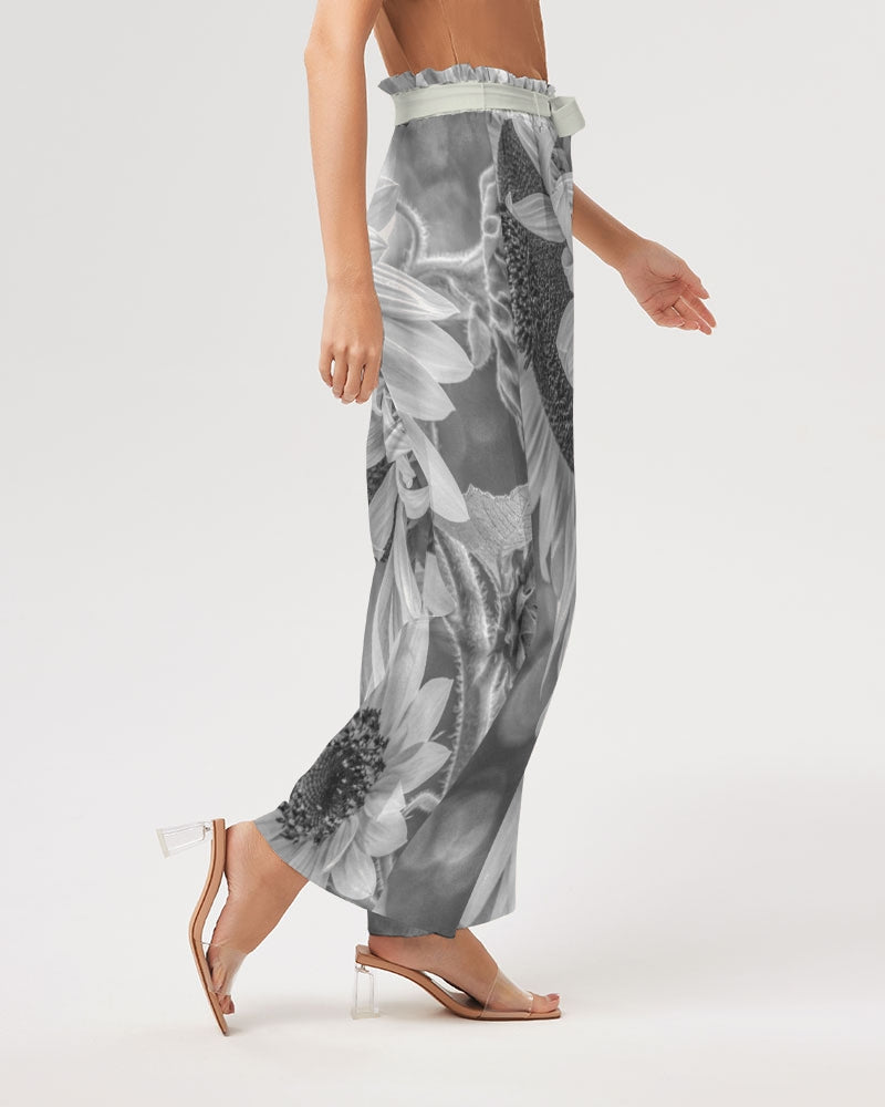 Black White Sunflower Women's High-Rise Wide Leg Pants