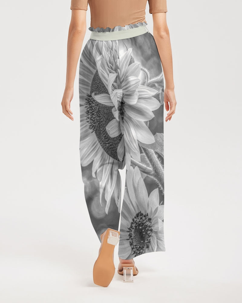 Black White Sunflower Women's High-Rise Wide Leg Pants