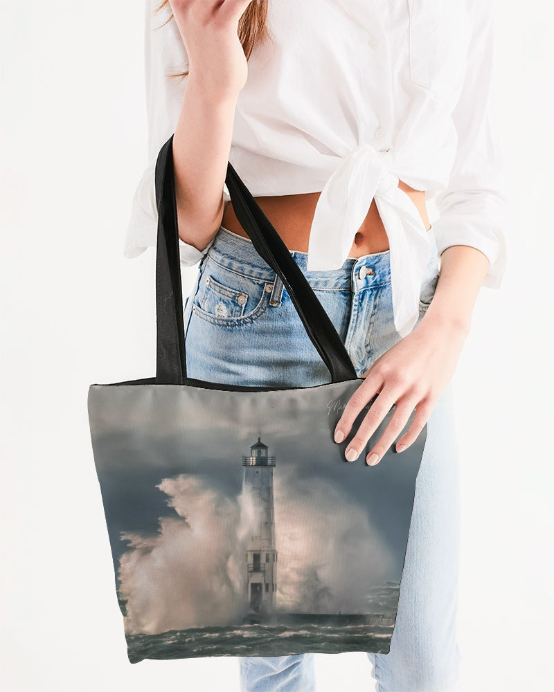 Frankfort Lighthouse Nature's Fury Canvas Zip Tote