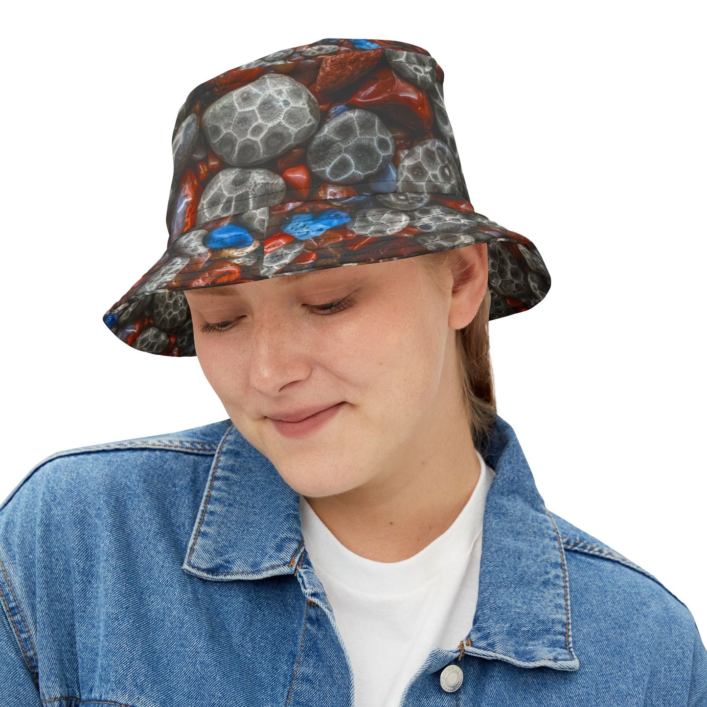 Bucket Hat Michigan's Treasured Stones, Petoskey Stone, Leland Blue and Lake Superior Agate