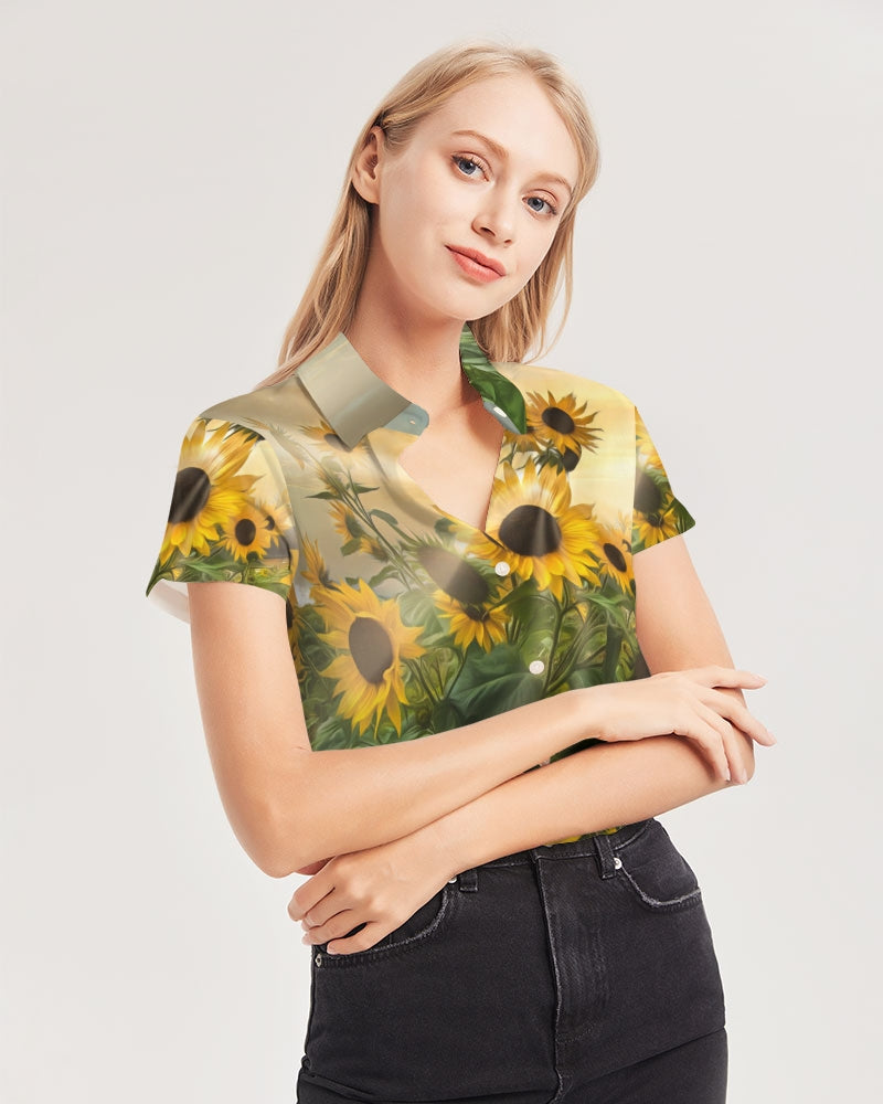 Sunflower Sunshine Women's Short Sleeve Button Up
