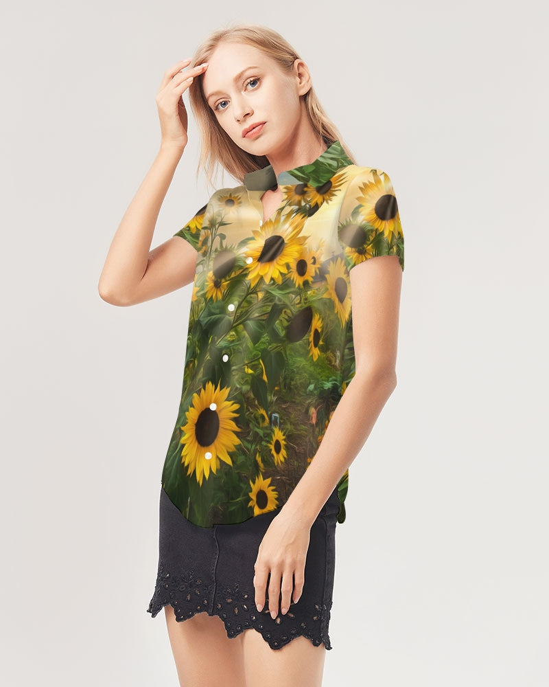 Sunflower Sunshine Women's Short Sleeve Button Up